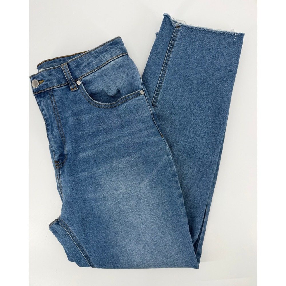 OAT New York Women High Rise Straight Leg Raw Hem Jeans Blue Wash 12/31 PO192CA7
